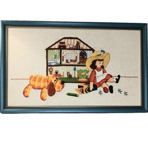 Vintage Crewel Embroidery Child's Framed Picture Dog Girl Playing Jack's 1982